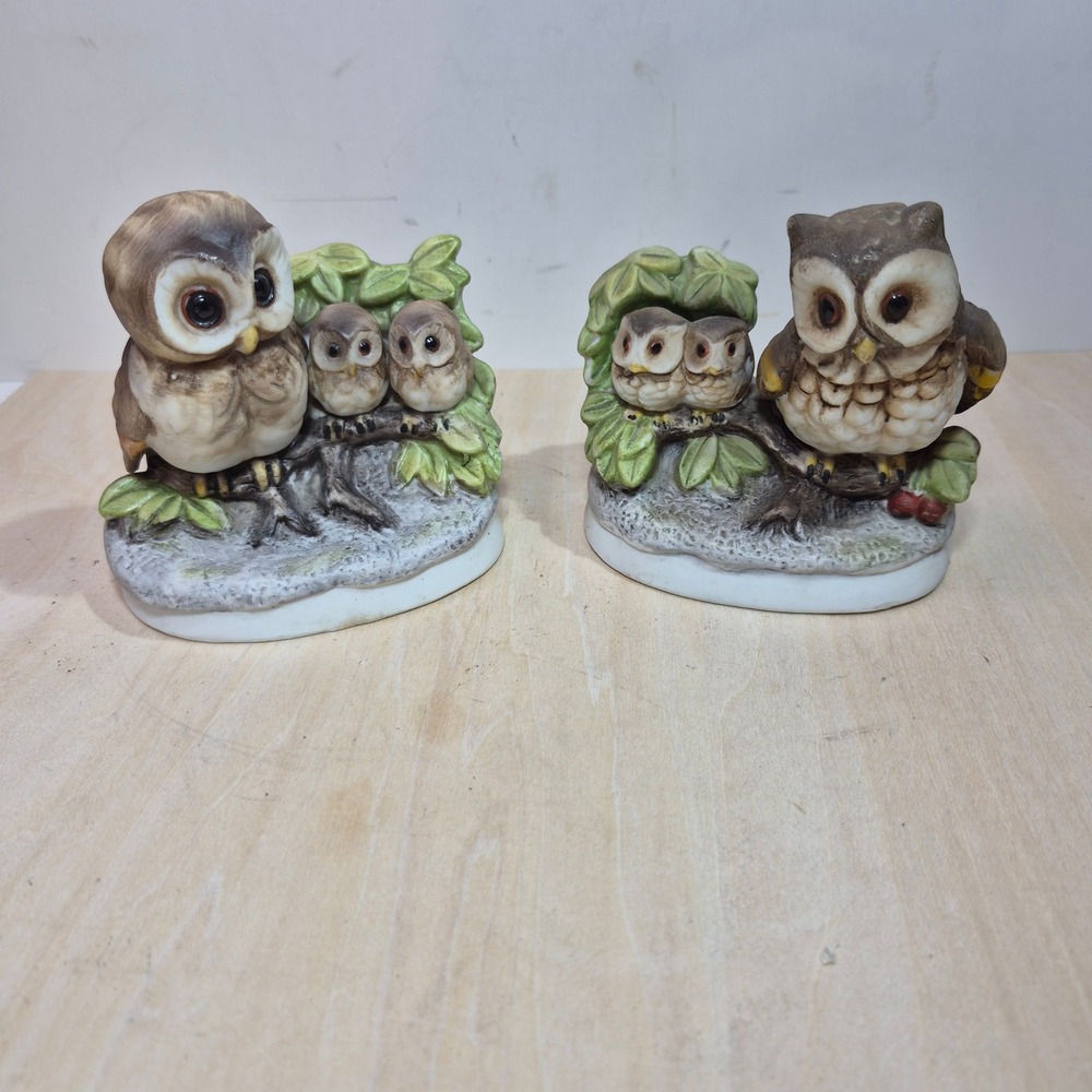 Vintage Homco Owl Figurines Set of 2 Porcelain‎ Owlets on Branch 8827 Korea